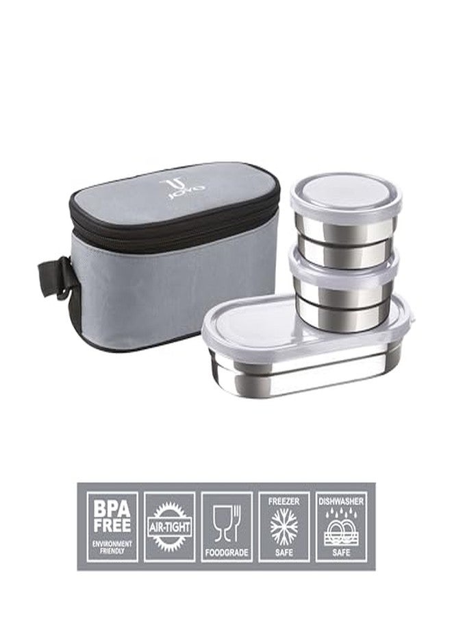 JOYO Executive Smart Lunch with Zipper Pouch, 2 Round Containers, 280 ml Each, 1 Oval Container, 500 ml, Grey | Easy to Carry | Leak Proof - Image 4